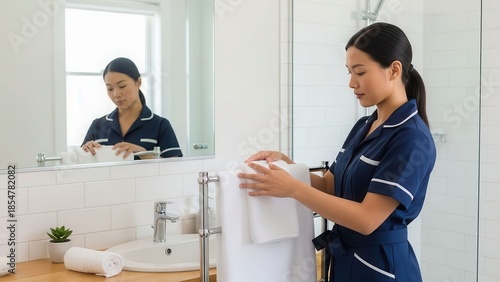 Professional Asian hotel maid tidying a modern bathroom, meticulously arranging fresh towels for excellent guest service.