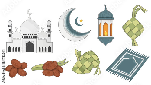 Celebrating Ramadan with mosque, lanterns, and traditional items on prayer mat