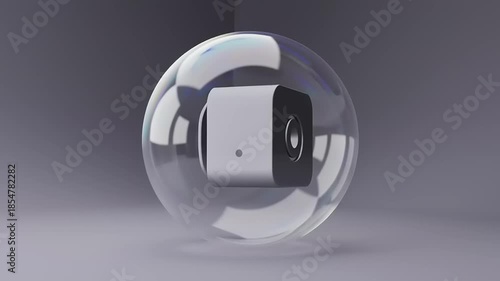 Modern camera encapsulated in a transparent bubble, showcasing sleek design against a minimalistic backdrop