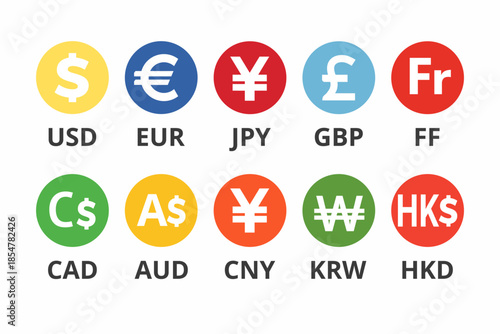 ten popular currency symbol icons dollar, euro, yen, pound, franc, canada, australia, yuan, won, hongkong