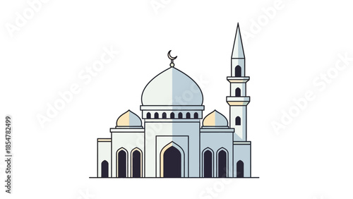 A clean and modern illustration of a white mosque with a dome and minaret, representing religious architecture and Islamic culture