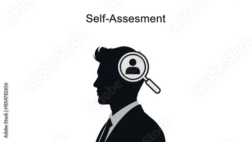 Man in suit with magnifying glass examining his head, self assessment concept, isolated on white background, vector illustration