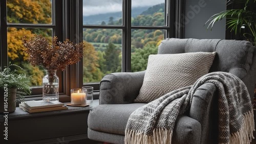 Serene Interior View: A cozy armchair invites relaxation, paired with a blanket and cushion. The window offers an outdoor view, enhanced by the presence of a candle and foliage.