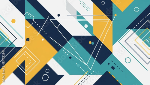 Abstract geometric shapes in yellow, teal, and dark blue, modern background with various lines and dots