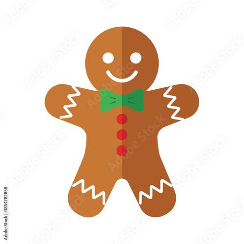 a flat design illustration of a gingerbread man with a cheerful smile green bow tie and button details isolated on a