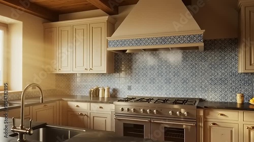 Modern kitchen interior featuring a spacious layout, elegant cabinetry, and sunlight streaming through the window