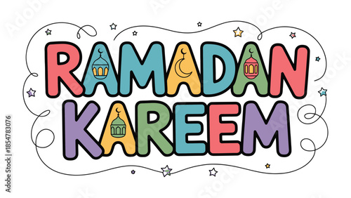 Ramadan Kareem: A festive and vibrant graphic design announcing the start of the Holy Month, celebrating with a colorful typography and themed illustrations.