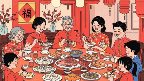 Family gathering around dinner table celebrating chinese new year with traditional red clothing and festive decorations