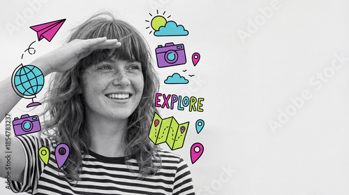 Smiling woman exploring with a camera against a colorful backdrop  