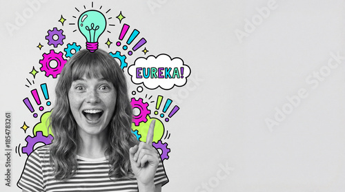 Happy woman expressing excitement with creative doodles background  
