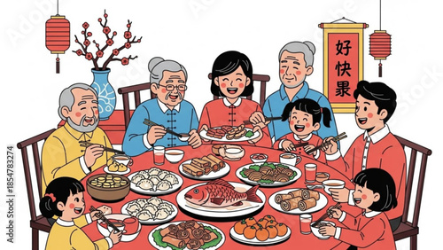 Multi generational family gathered around table enjoying traditional chinese new year feast together with various dishes and decorations