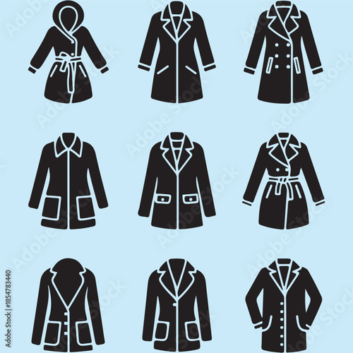 Set of jackets, coats, outerwear technical fashion illustration with oversized, thick, hood collar, long sleeves, pockets. Flat coat template front, back white color. Women men unisex top CAD mockup