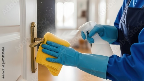 Professional cleaner in blue gloves disinfecting a door handle with spray and yellow cloth for hygiene.