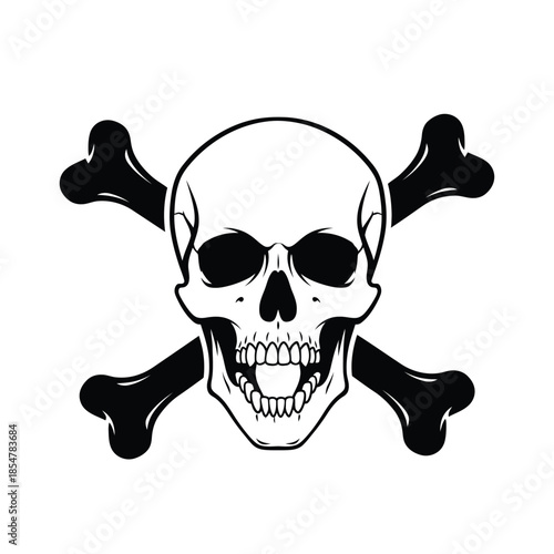 a stark black and white illustration depicts a classic skull and crossbones symbol evoking themes of danger mortality and warning signs
