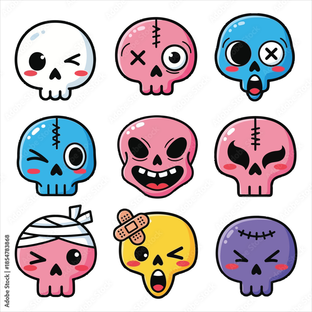 Fototapeta premium Colorful cartoon skulls with various emotions and expressions