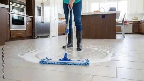 Woman cleaning a tiled kitchen floor with a blue mop, depicting domestic chores and home hygiene.