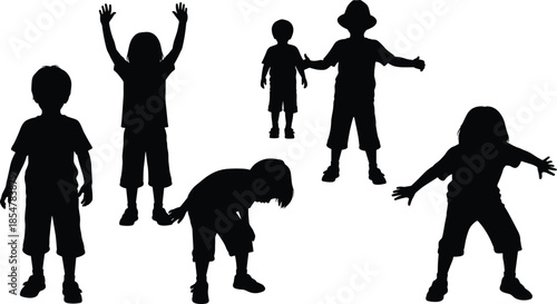 Black silhouettes of children playing, jumping and standing in various poses, childhood group of kids vector set isolated on white background, playful