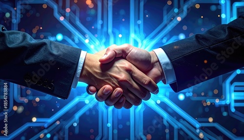 Business deal handshake concept with digital technology in the background