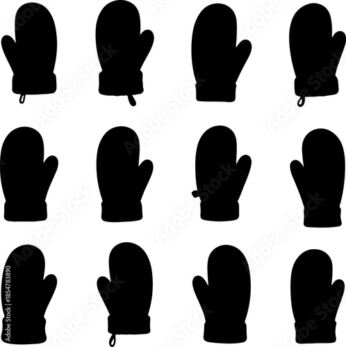 Winter mittens art vectors and Set of black warm gloves icon silhouette collections