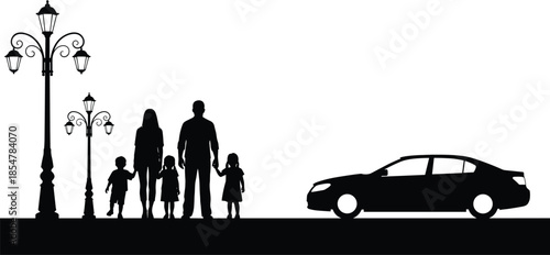 Black silhouettes of happy family standing together near car on city street, parents with children by street lamps, urban lifestyle vector illustration (22 words)
