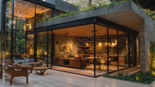 Modern Home with Glass Facade: A contemporary architectural marvel, the home showcases an expansive glass facade, blending indoor and outdoor living.
