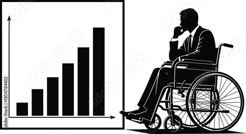 Businessman in wheelchair silhouette looking at growth bar chart, professional success and inclusion concept, corporate financial statistics, diverse office disability representation, isolated.