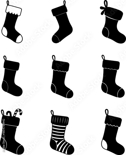 Stocking art vectors and Set of black stocking gift items icon silhouette collections