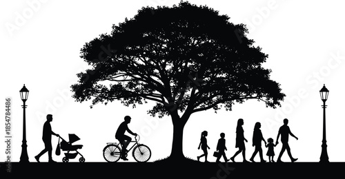 Black silhouettes of people walking in park under large tree, family with stroller, cyclist and kids, urban lifestyle vector isolated on white background (23 words)