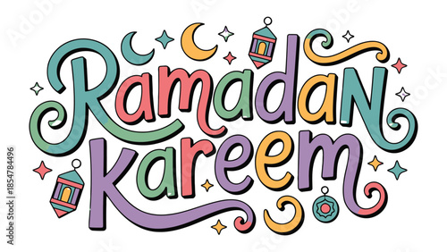 Ramadan Kareem Illustration: Festive and colorful illustration captures the spirit of Ramadan Kareem with ornamental design, wishing everyone a blessed month. 
