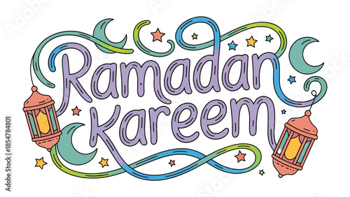 Ramadan Kareem Illustration: Festive and decorative illustration with ornamental arabesque patterns and vibrant colors. Featuring the phrase Ramadan Kareem in a beautifully designed script.