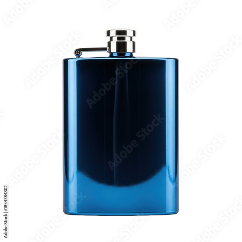 Shiny Blue Metal Flask with Silver Cap on Black Background reflective