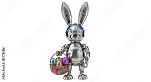 Shiny chrome robot Easter bunny holding a basket of colorful decorated eggs image