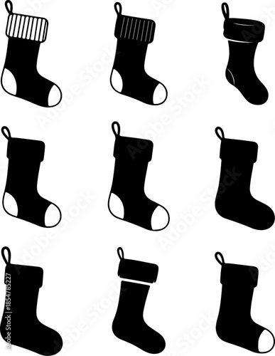 Christmas stocking art vectors and Set of black stocking icon silhouette collections