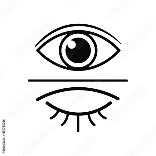 a simple black and white illustration depicts an open eye above a closed eye with lashes separated by a line