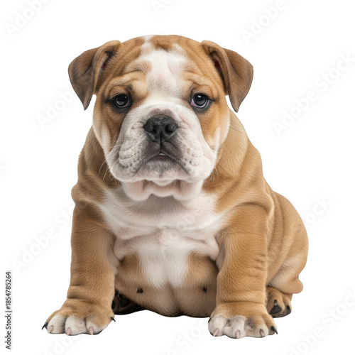 Tan and white English Bulldog puppy sitting on a black background animal