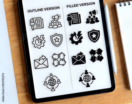 Professional Business Icon Set Displayed on a Tablet Screen in Outline and Filled Versions for UI/UX Design and Marketing Projects
