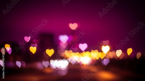 Colorful heart shaped lights in the night cityscape background