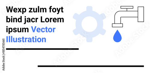 Water conservation, industry, plumbing, maintenance, engineering, efficiency. A faucet dripping water beside a gear symbol. Water conservation and industry concepts for environmental awareness