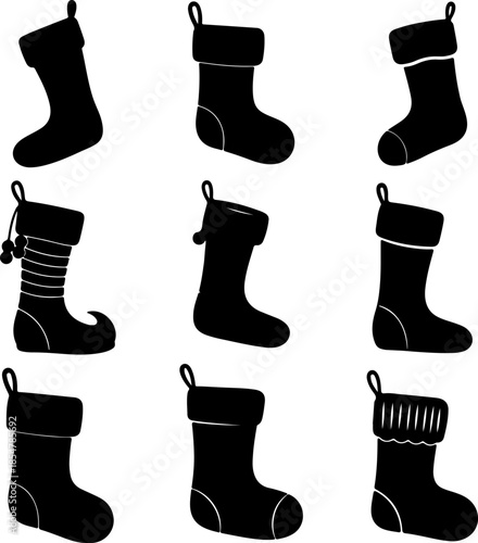 Christmas stocking art vectors and Set of black stocking icon silhouette collections