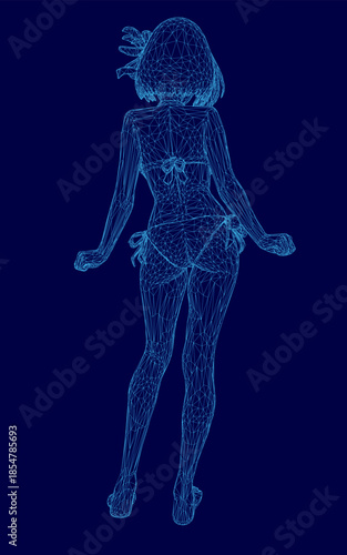 A wireframe model of a woman in a bikini stands against a solid blue background. This digital illustration features a transparent mesh body with visible geometric contours and lines. Back view