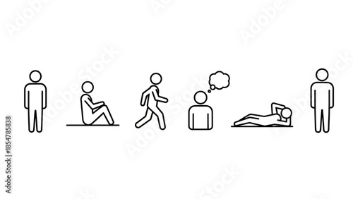 Set of Pictogram People in Different Poses Standing Sitting Walking Thinking and Reclining Minimalist Line Art Vector Design Isolated on White Background
