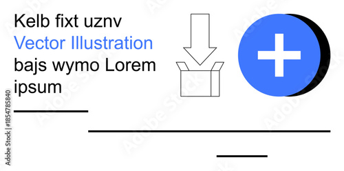User interface design, online storage, digital navigation, web layout, content creation, upload feature. Box with downward arrow and blue circle with plus icon. User interface and online storage