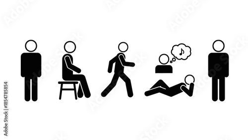 Silhouette Style Figures Engaging in Various Activities Including Sitting, Walking, Lying Down, and Standing on White Background Vector