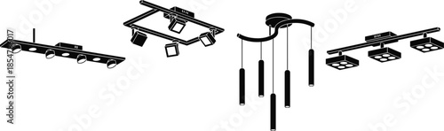 Modern ceiling track lighting silhouettes set including spotlight and chandelier interior elements.