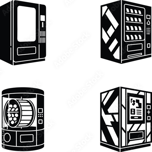 Vending machine silhouette collection with snack dispensers beverage units and gumball equipment.