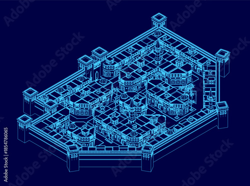 Aerial isometric view of a dense Arabic cityscape with blue-toned buildings forming intricate urban contours and detailed patterns from above.