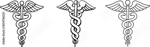Caduceus symbol vector illustration, black silhouette icon set, medical staff with serpents, healthcare emblem design, wings and snake graphic, isolated sketch