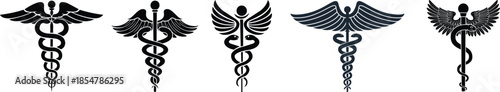Caduceus symbol vector illustration, black silhouette icon set, medical staff with serpents, healthcare emblem design, wings and snake graphic, isolated sketch