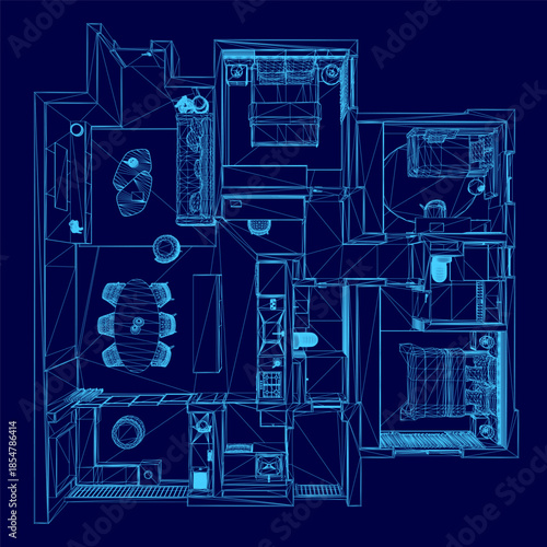 Detailed architectural blueprint of a house floor plan on a solid blue background, featuring a clean wireframe layout of rooms and dimensions. Top view