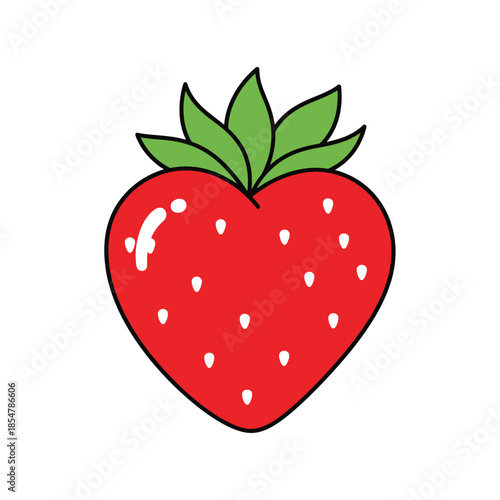 this illustration portrays a bright red strawberry with visible seeds and a cluster of three green leaves atop its stem